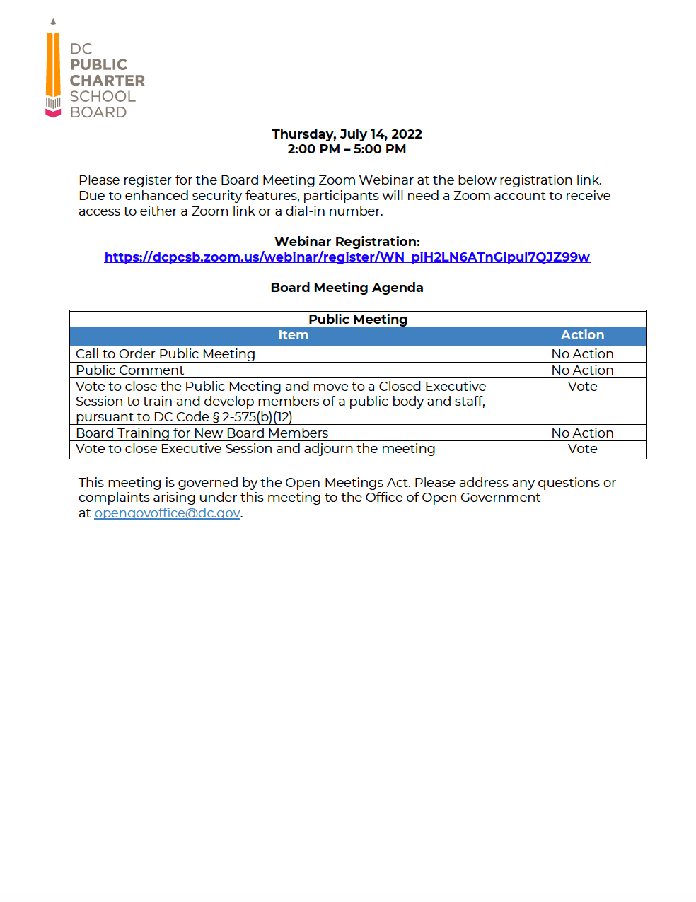 Special Board Meeting July 2022 DC PCSB